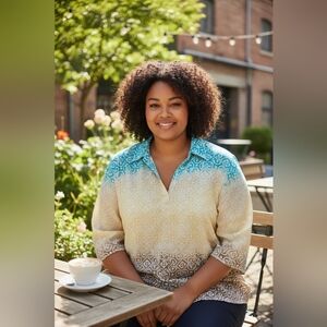 Chicos 2 Blouse Womens Large Blue Yellow Ikat Tunic Popover Lightweight Resort